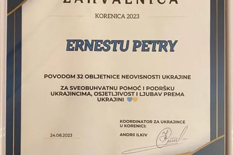 Zahvalnica za pomoć ukrajinskim izbjeglicama u Hrvatskoj