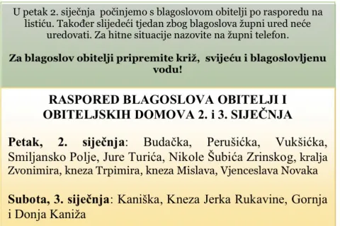 Raspored blagoslova obitelji za 2. i 3. siječnja 2026.