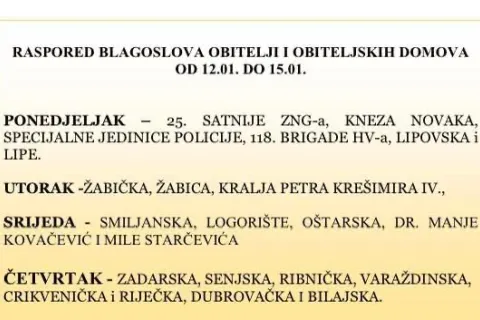 Raspored blagoslova obitelji i obiteljskih domova od 12. do 15. siječnja