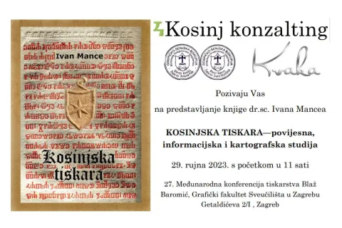 Poziv na predstavljanje knjige “Kosinjska tiskara - povijesna, informacijska i kartografska studija” autora dr.sc. Ivana Mancea