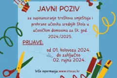 Otočac: Javni poziv za sufinanciranje troškova smještaja i prehrane učenika srednjih škola u učeničkim domovima za šk. god. 2024./2025.