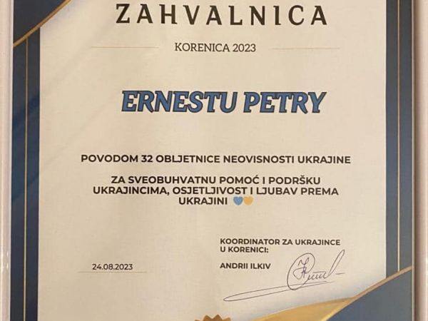 Zahvalnica za pomoć ukrajinskim izbjeglicama u Hrvatskoj