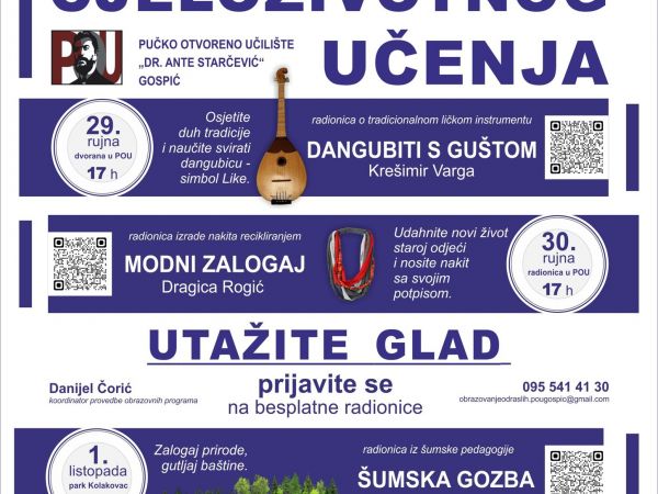 19. Tjedan cjeloživotnog učenja u Gospiću: Dangubica, reciklirani nakit, šumska gozba i glazbeni dah 19. Tjedan cjeloživotnog učenja u Gospiću: Dangubica, reciklirani nakit, šumska gozba i glazbeni dah