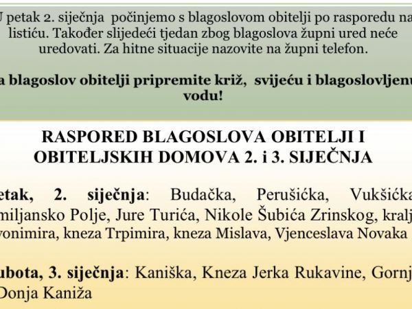 Raspored blagoslova obitelji za 2. i 3. siječnja 2026.