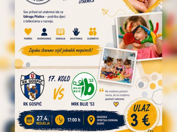 Humanitarna rukometna utakmica RK Gospić uz sav prihod za Udrugu Pčelice