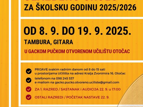 Upisi u glazbenu školu za gitaru i tamburu u Otočcu Upisi u glazbenu školu za gitaru i tamburu u Otočcu