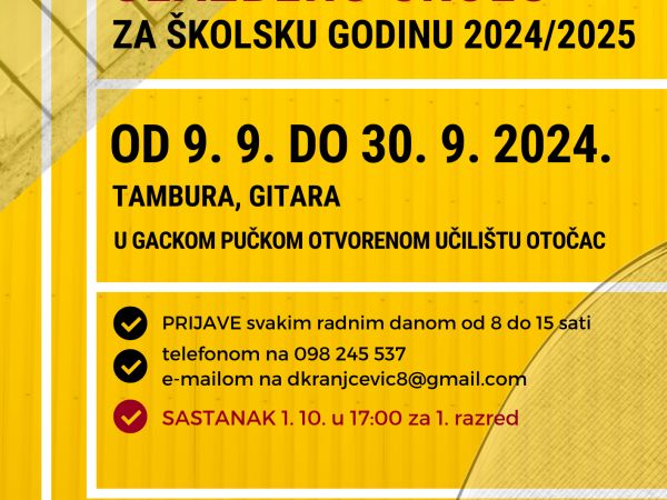 Počeo je upis u osnovnu glazbenu školu za školsku godinu 2024./2025. Počeo je upis u osnovnu glazbenu školu za školsku godinu 2024./2025.
