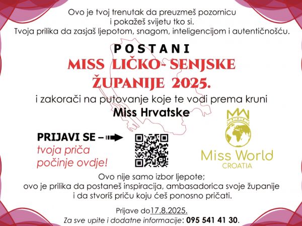 Potraga za Miss Ličko-senjske županije 2025. je počela Potraga za Miss Ličko-senjske županije 2025. je počela